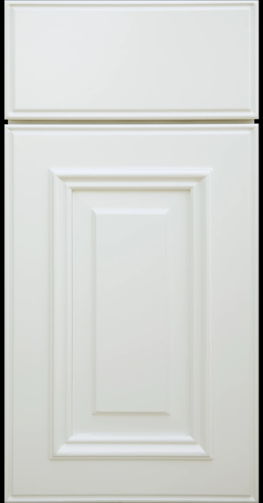 Custom Dew White Anderson Raised Panel Kitchen Cabinet Door and matching Slab Drawer Front.